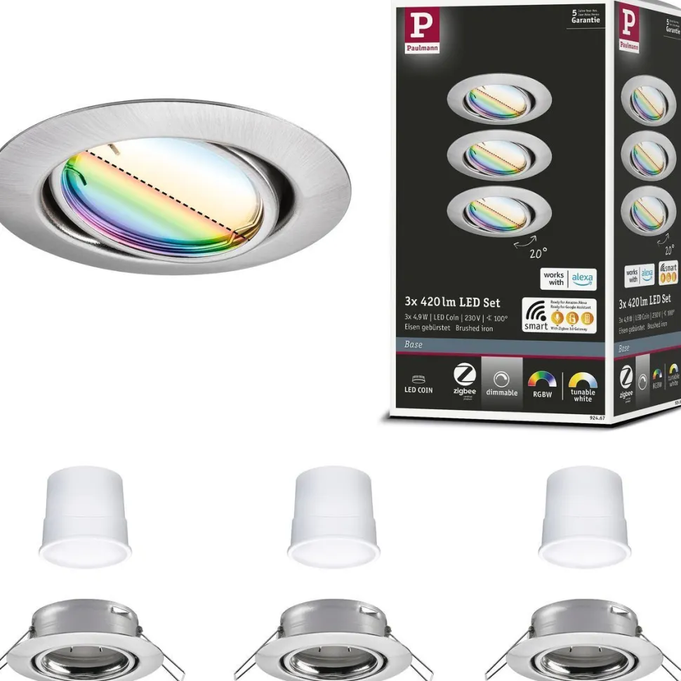 Upotettava LED-valaisin Paulmann Base Coin, 3kpl, Smart Home Zigbee 3.0, Ø90mm, himmennettävä, RGBW+, mattamusta