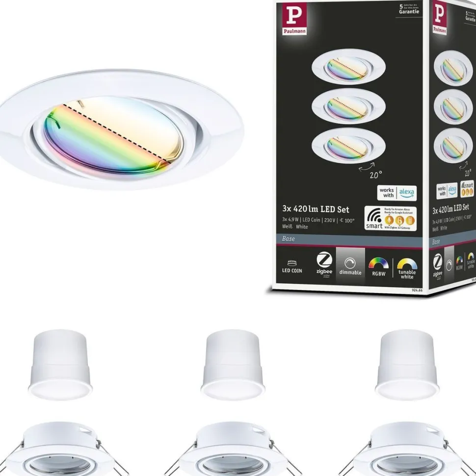 Upotettava LED-valaisin Paulmann Base Coin, 3kpl, Smart Home Zigbee 3.0, Ø90mm, himmennettävä, RGBW+, mattamusta