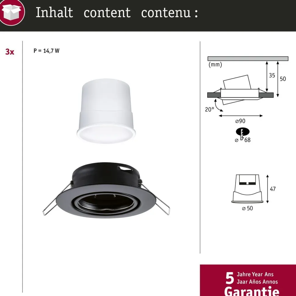 Upotettava LED-valaisin Paulmann Base Coin, 3kpl, Smart Home Zigbee 3.0, Ø90mm, himmennettävä, 3000K, mattamusta