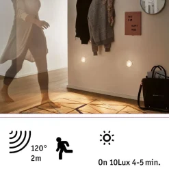 Upotettava LED-seinävalaisin liike- ja hämärätunnistimella Paulmann, Ø78mm, 2.7W, 65lm, 2700K, valkoinen
