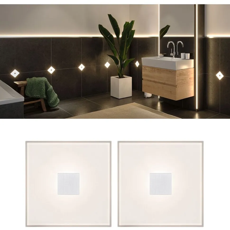 Upotettava LED-seinävalaisinsarja Paulmann LumiTiles, 2 valaisinta, IP44, 10x10cm, 2700K, himmennettävä, valkoinen