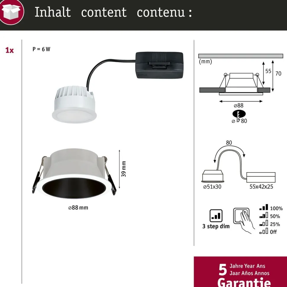 Upotettava LED-valaisin Paulmann Cole Coin, IP44, Ø88mm, 6W, 470lm, 2700K, himmennettävä, valkoinen/kulta