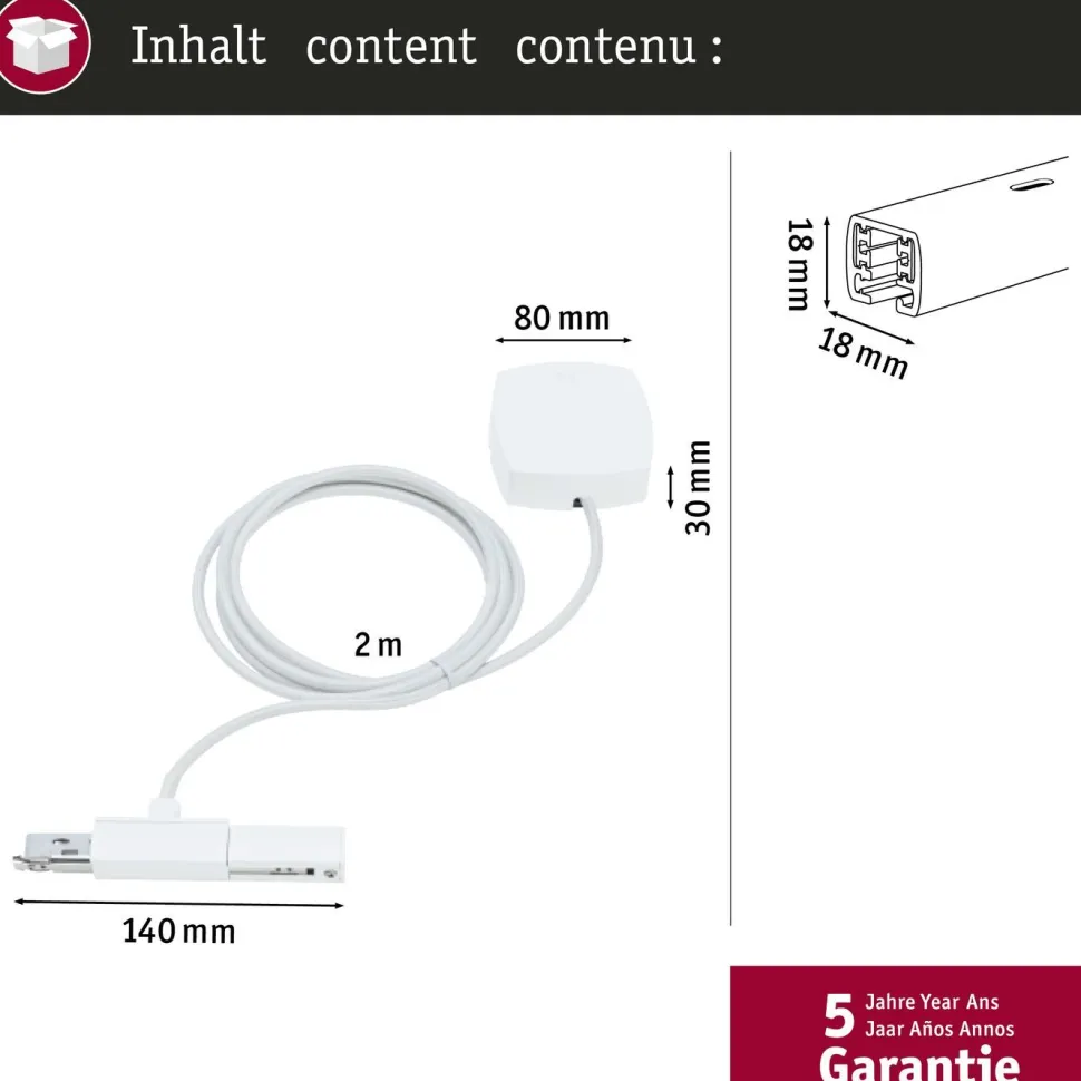 Virtasyöttökaapeli Paulmann URail 2m max. 1000W riippuvalaisimille valkoinen